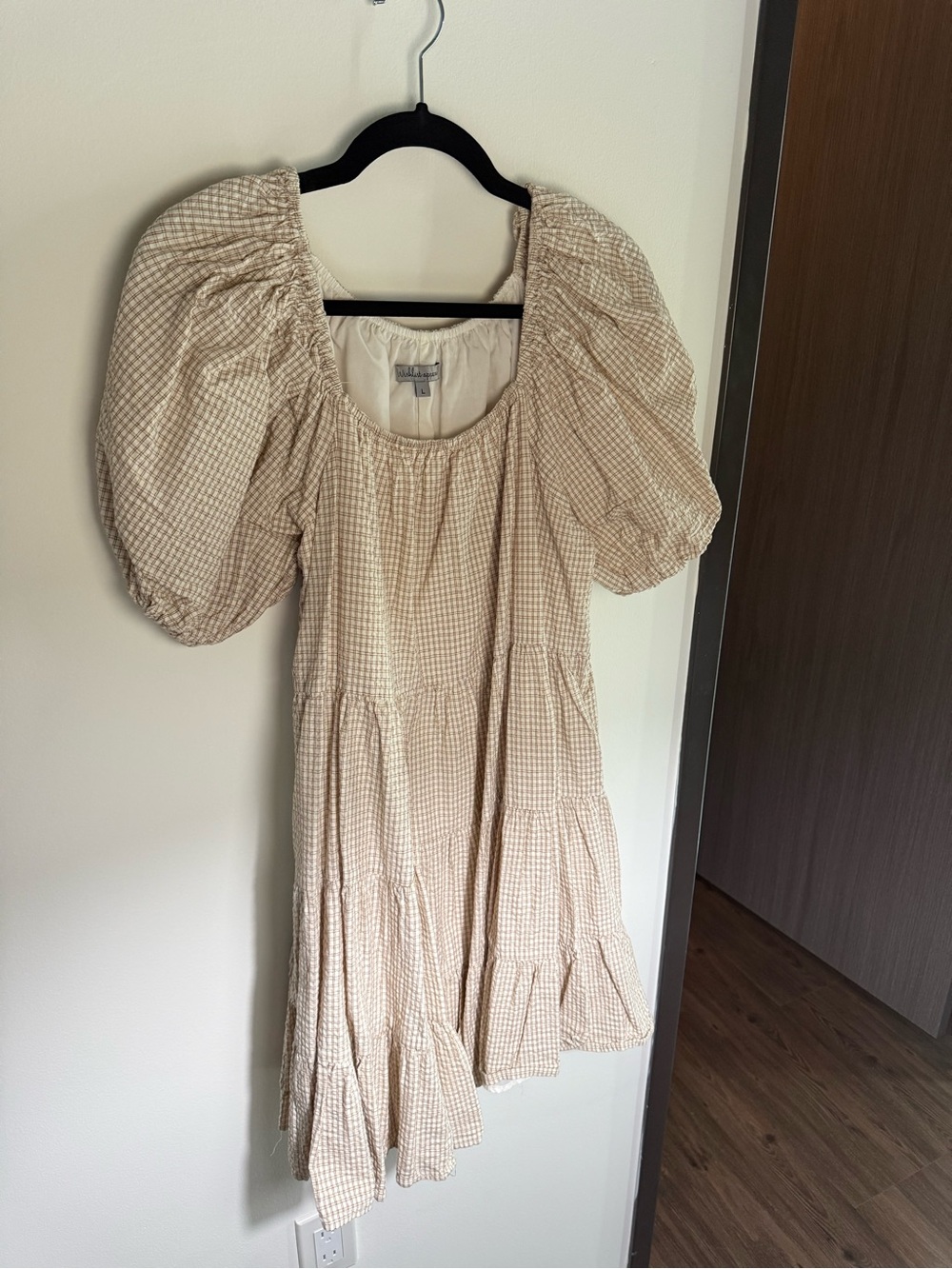 Beige Gingham Puff-Sleeve Mini Dress - Women